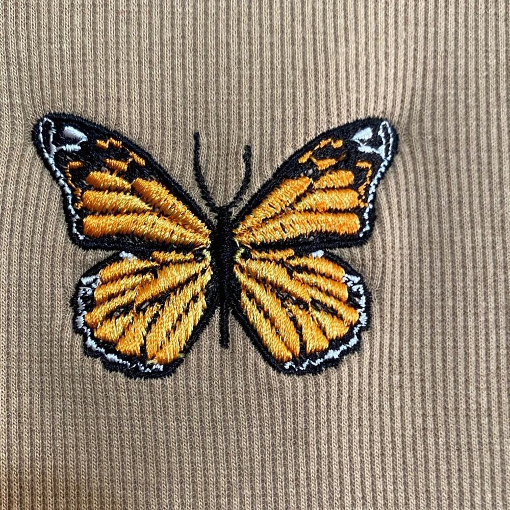 NWT Tan Ribbed Mini Dress 33” Butterfly Applique Ringer White P2P 17” Nature - Picture 3 of 6